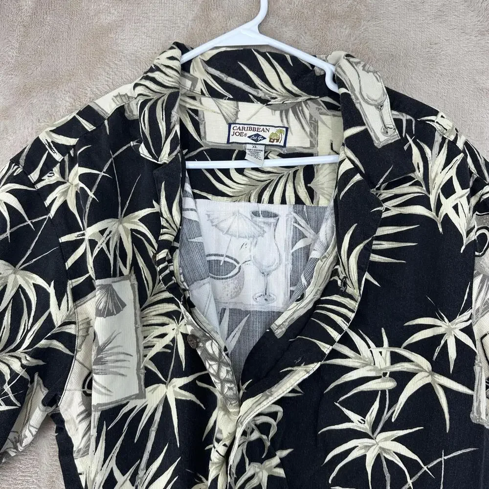 Caribbean Joe Shirt Mens XL Black Hawaiian Cocktail Short Sleeve Button Front